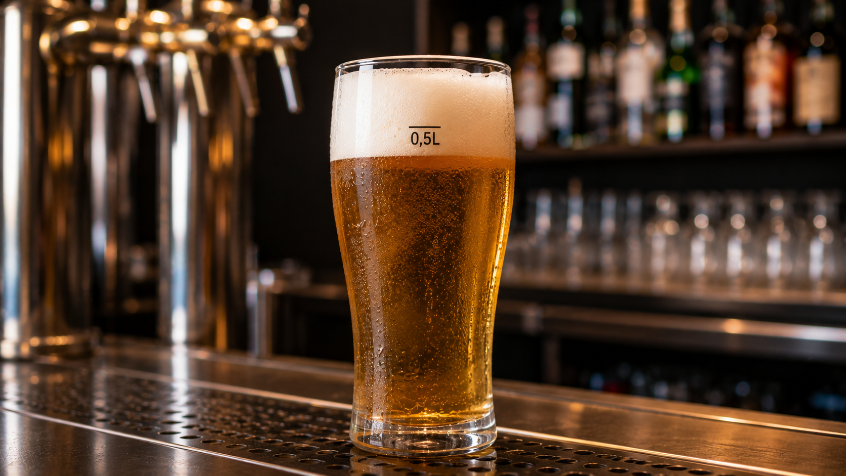 "Baždarena čaša za točeno pivo sa jasno označenom mernom crtom za propisanu zapreminu"