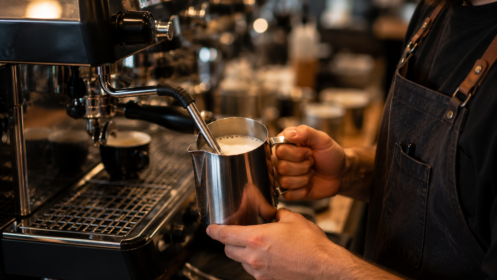 "Barista peni mleko u bokalu pri pripremi cappuccina u kafiću"