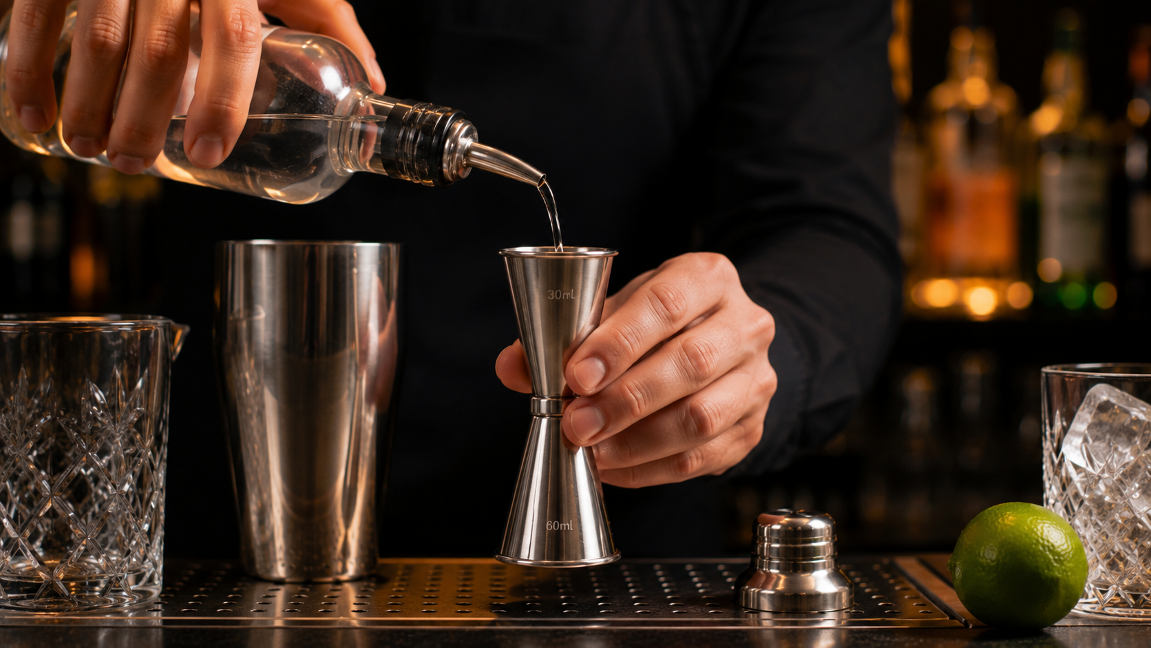 "Barmen jiggerom precizno dozira piće pri pripremi koktela iza šanka"