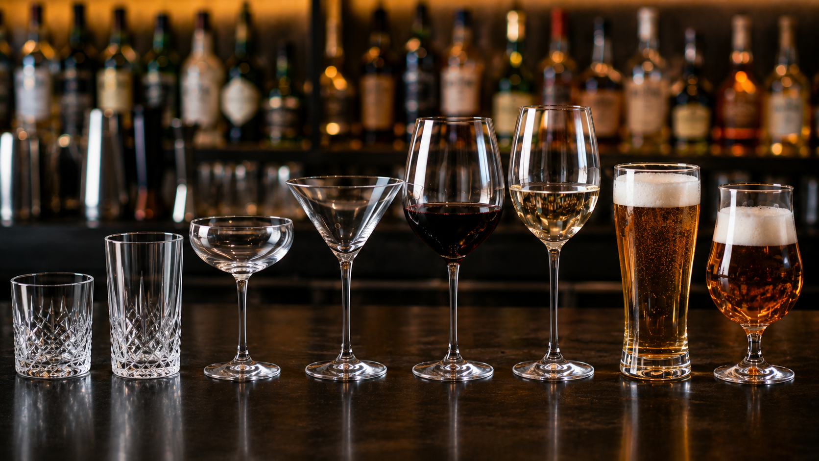 "Polica sa setom čaša za bar po vrsti pića: tumbler, highball, pivo i vino"