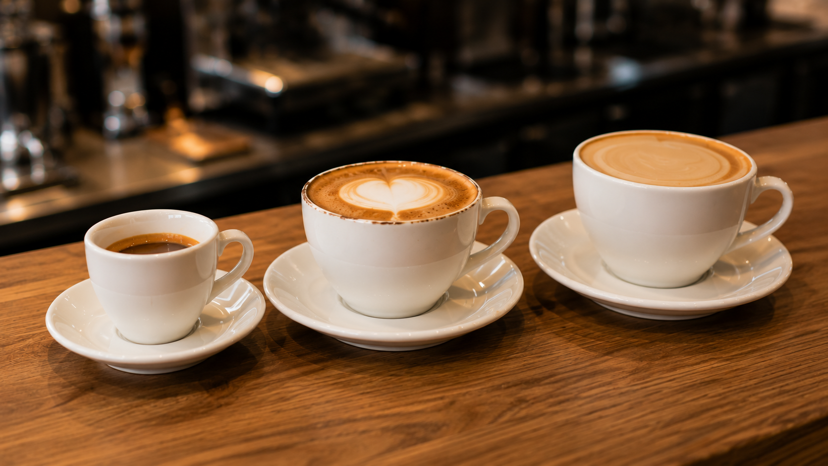 "Set šolja za espresso, cappuccino i belu kafu poređan na šanku"