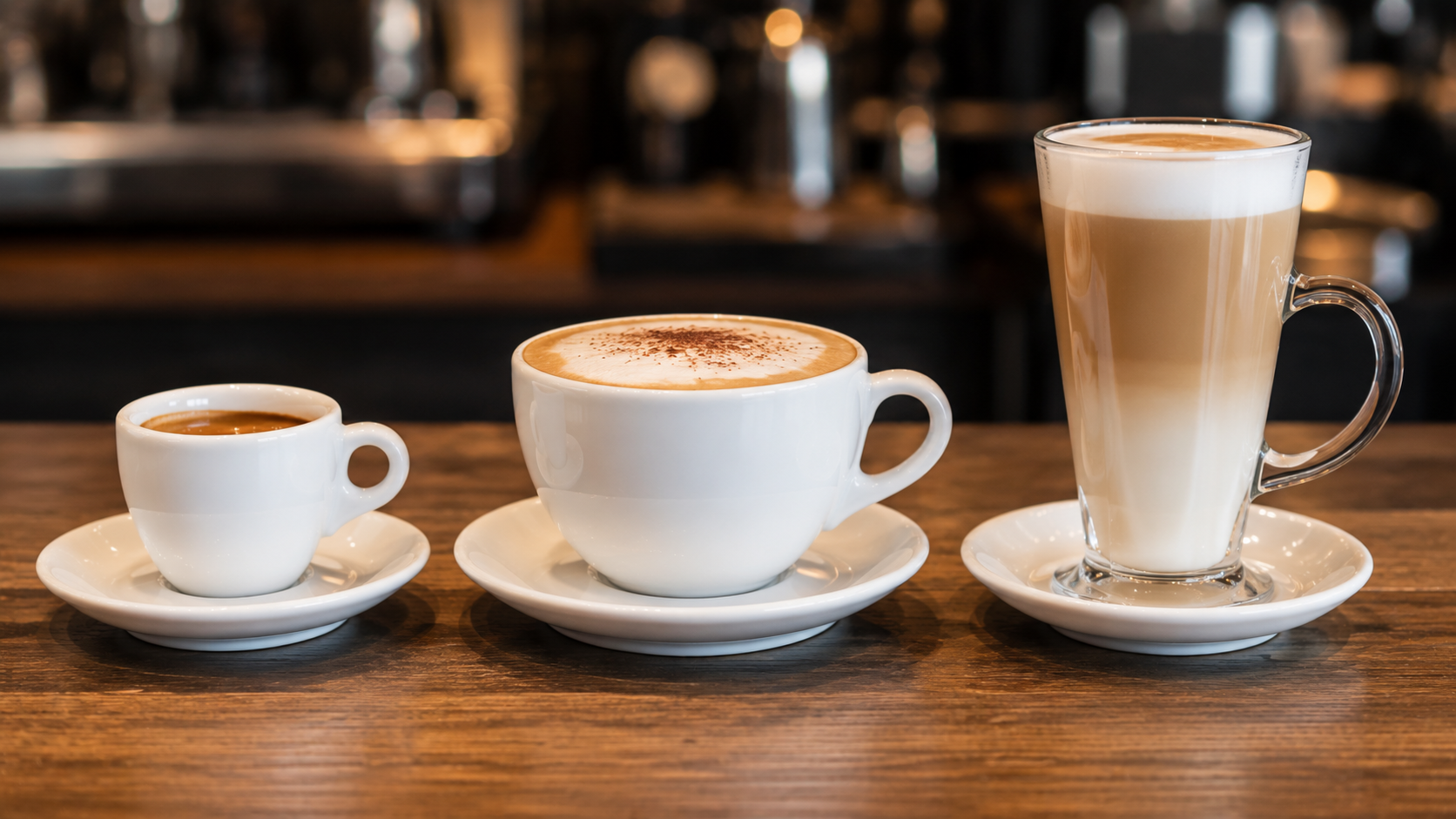 "Tri veličine šolja za kafić jedna pored druge: espreso, cappuccino i latte"