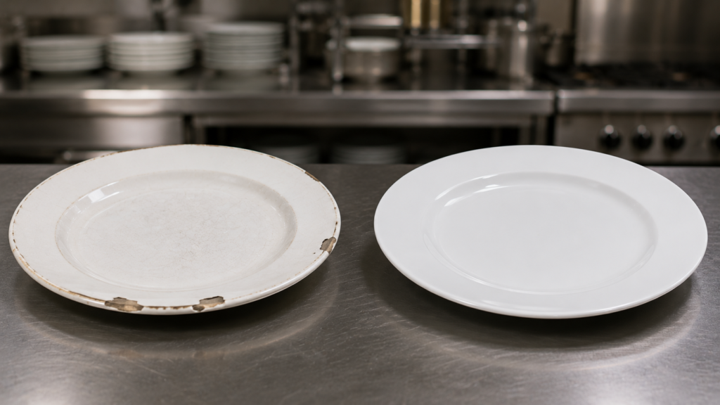 Poređenje krzanog istrošenog tanjira i novog profesionalnog tanjira za restoran