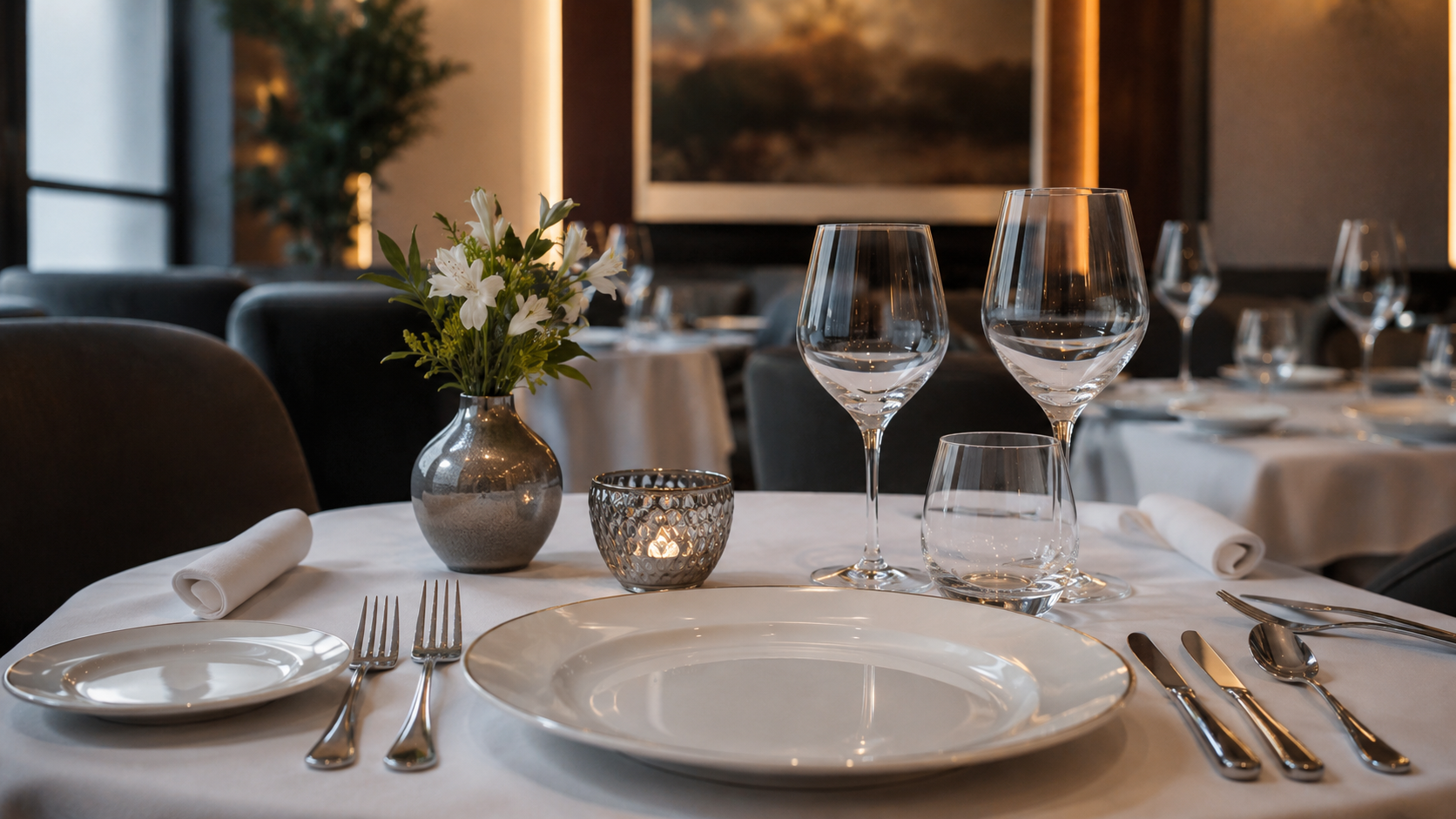 Elegantno postavljen hotelski à la carte sto sa profesionalnim porcelanom i čašama